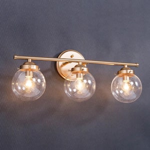 Modern Dark Gold Globe Bath Vanity Light with Seeded Glass, 3-Light Classic Wall Sconce with Industrial Rivets