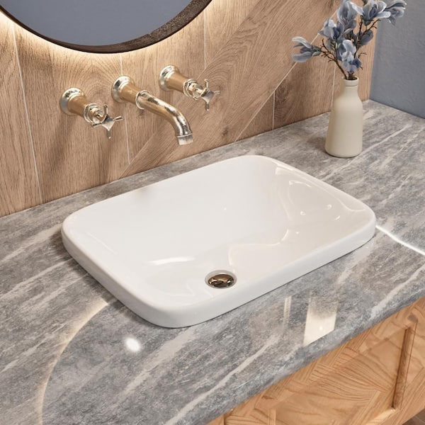20 in. Drop-In Bathroom Sink in White Ceramic, Modern Rectangle Semi-Recessed Bathroom Sink, Includes Extra Pop-Up Drain