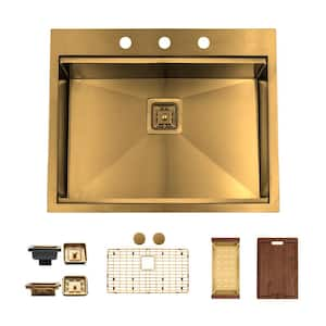 25 in. Drop-In/Undermount Single Bowl 16 Gauge Gold Stainless Steel Kitchen Sink Workstation with Accessories