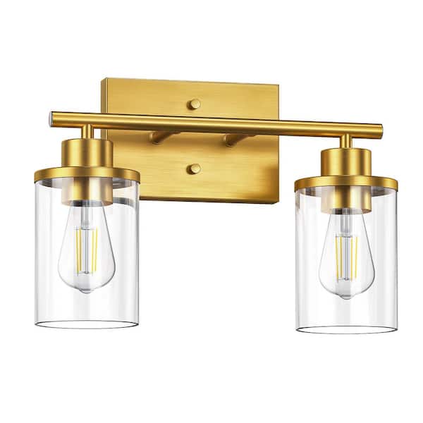 13.9 in. 2 Light Satin Brass Vanity Light with Clear Glass Shade