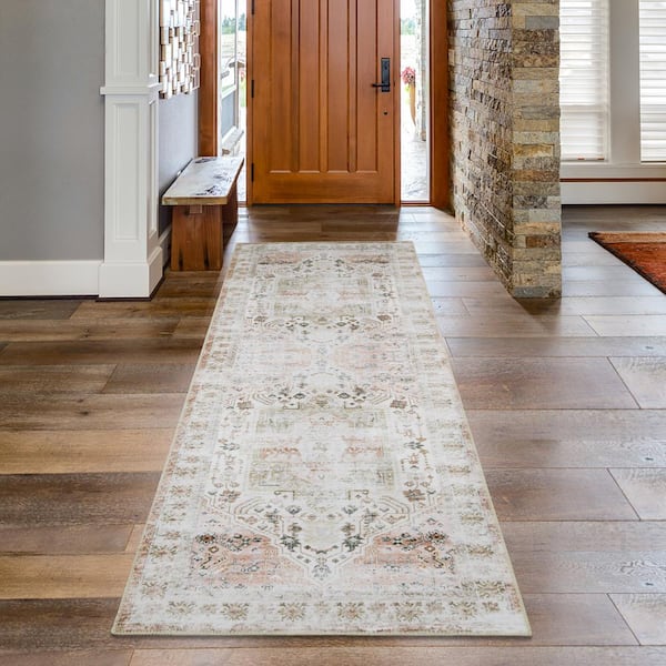 Taupe 2 ft. x 10 ft. Vintage Floral Print Distressed Indoor Runner Rug