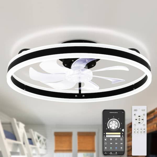Bella Depot 20 in. LED Indoor Black Low Profile Reversible Ceiling Fan Dimmable Light Smart App Remote Control Flush Mount Lighting