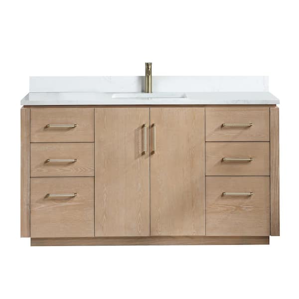 ROSWELL San 60 in.W x 22 in.D x 33.8 in.H Single Sink Bath Vanity in Washed Ash Grey with White Composite Stone Top