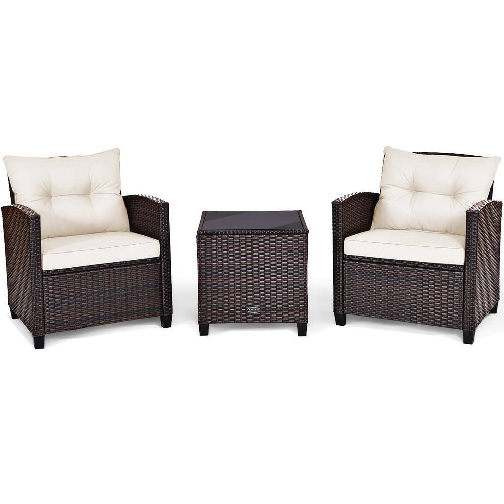 3-Piece Rattan Wicker Patio Conversation Set with Washable White Cushions
