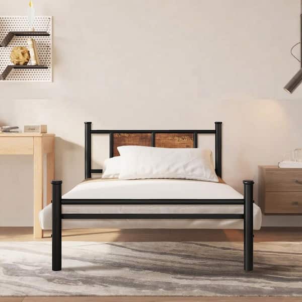 Black Iron Metal Frame Twin Platform Bed with Rustic Panel Headboard,Industrial Style Bed Frame for Kids and Adults