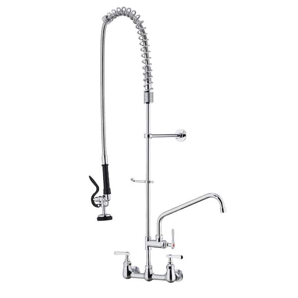YASINU 47 in. Commercial Triple Handles Wall Mount Standard Kitchen Faucet with Pre-Rinse Sprayer in Chrome