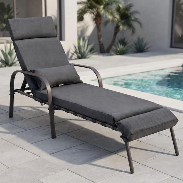 1-Piece Metal Outdoor Chaise Lounge with Adjustable Backrest Armrest and 3.94 in. Thick Cushion in Dark Gray