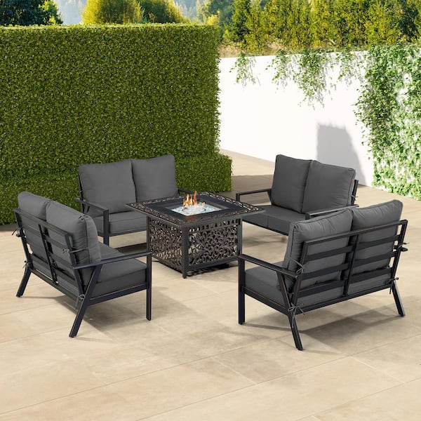 Oakland Living Black 5-Piece Aluminum Patio Fire Pit Set with Black Cushions