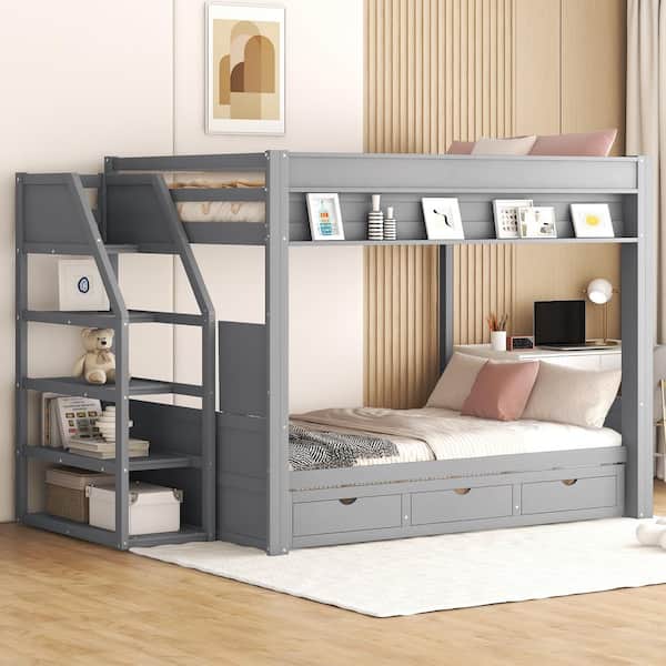 Gray Full Convertible Bunk Bed with Storage Staircase and 3 Drawers
