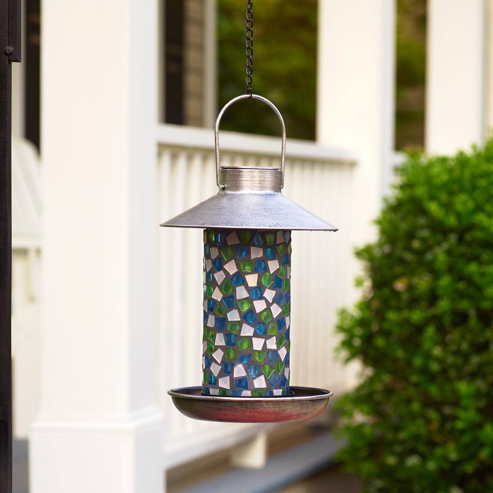 Adelie Blue Mosaic Glass and Metal Hanging Bird Feeder with Solar Light