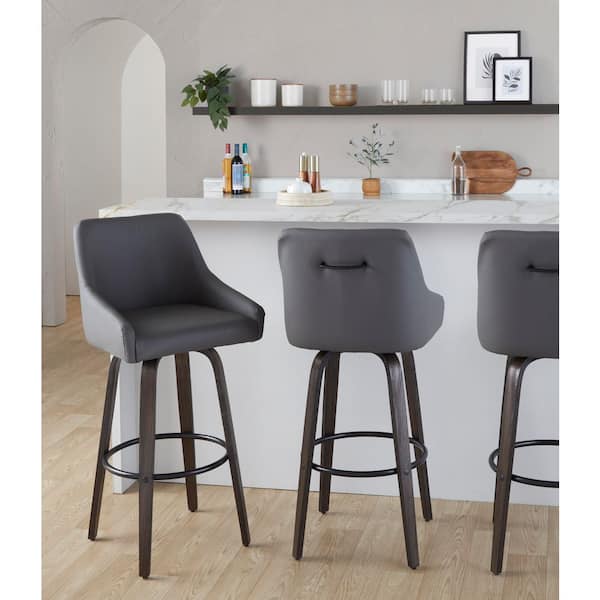 Lumisource Hannah 30 in. Walnut Glazed Wood and Dark Grey Faux Leather with Round Black Metal Fixed-Height Barstool (Set of 2)
