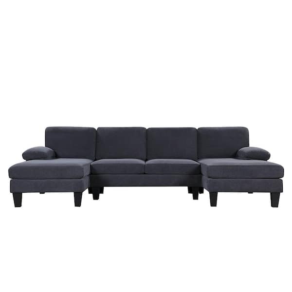 Polibi 112 in. Square Arm Velvet U-Shaped Sofa with Oversized Seat in Dark Gray