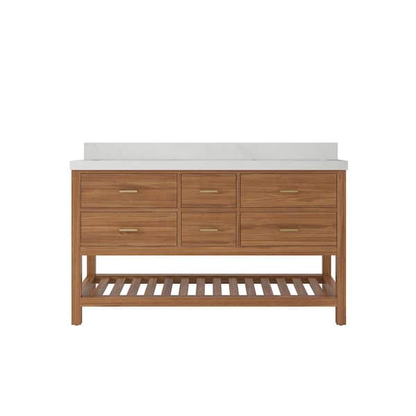 Willow Collections Parker Teak 60 in. W x 22 in. D x 36 in. H Double Sink Bath Vanity in Golden Teak with 2 in. Carrara Quartz Top