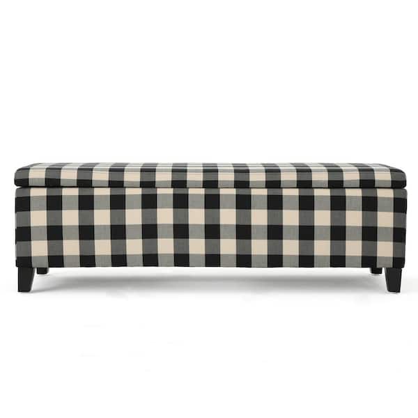 Noble House Cleo Black and White Checkerboard Fabric Storage Bedroom Bench