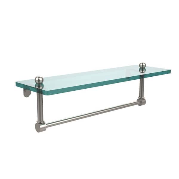 Allied Brass 16 in. L x 5 in. H x 5 in. W Clear Glass Vanity Bathroom Shelf with Integrated Towel Bar in Satin Nickel