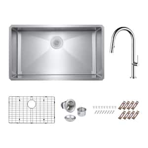 Bryn Stainless Steel 16- Gauge 30 in. Single Bowl Undermount Kitchen Sink with Modern Faucet, Bottom Grid, Drain