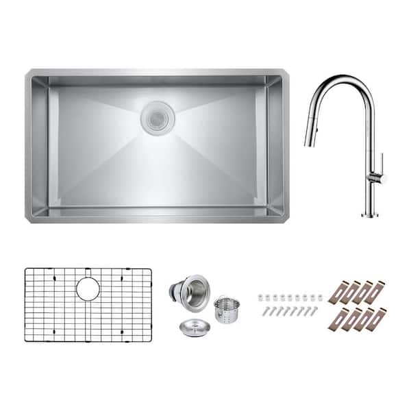 PELHAM & WHITE Bryn Stainless Steel 16- Gauge 30 in. Single Bowl Undermount Kitchen Sink with Modern Faucet, Bottom Grid, Drain