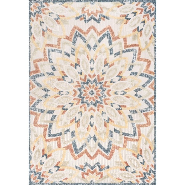 Flora Abstract Bold Mandala High-Low Cream/Multi 8 ft. x 10 ft. Indoor/Outdoor Area Rug