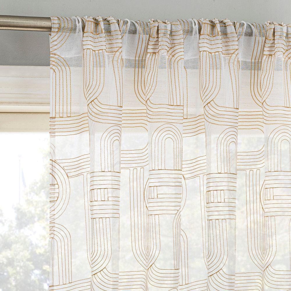 Champagne Sheer Embroidered Polyester Rod Pocket Curtain Panel, 50" x 63"