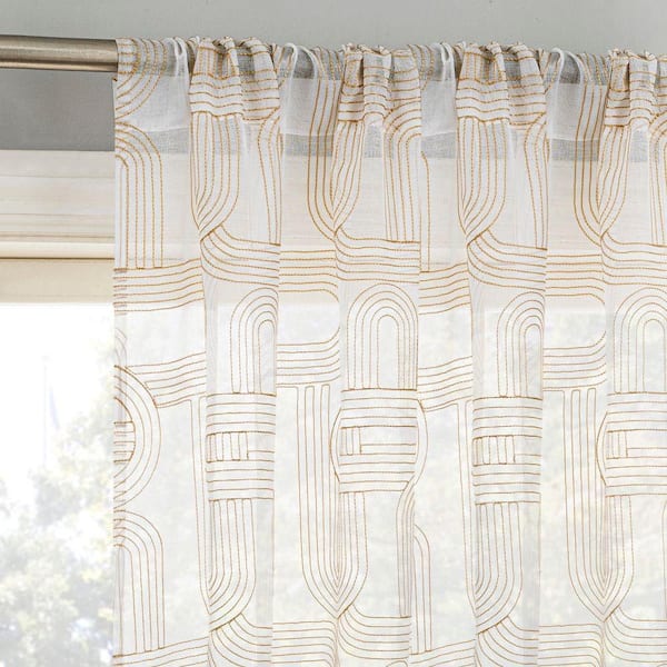 Kaz Embroidered Retro Curves Champagne Polyester 50 in. W x 84 in. L Rod Pocket Sheer Curtain (Single Panel)