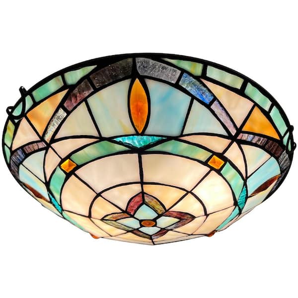 12 in. 2-Light White Flush Mount with Amber Green Stained Glass Shade and No Bulbs Included 1-Pack