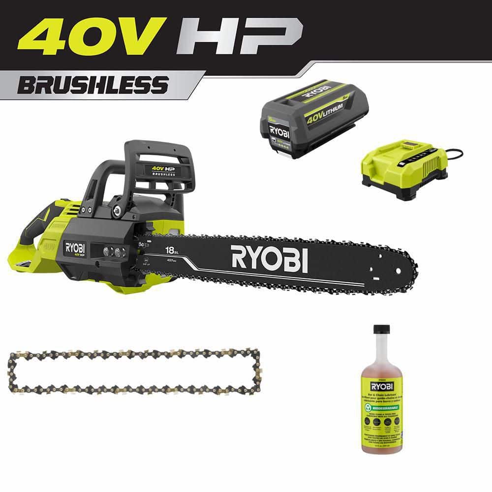 RYOBI 40V HP Brushless 18 in. Battery Chainsaw w/Extra Chain, Bar & Chain Oil, 5.0 Ah Battery, & Charger -  RY40580-CMB1