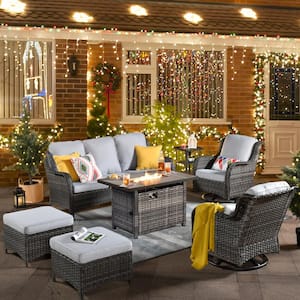 Joyoung Gray 7-Piece Wicker Patio Rectangle Fire Pit Conversation Set with Gray Cushions and Swivel Chairs