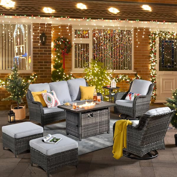 OVIOS Joyoung Gray 7-Piece Wicker Patio Rectangle Fire Pit Conversation Set with Gray Cushions and Swivel Chairs