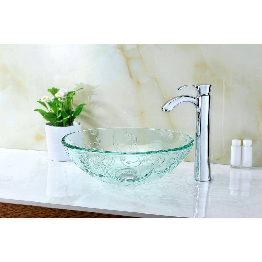 Vieno 16.5'' Clear Floral Etched Glass Vessel Sink