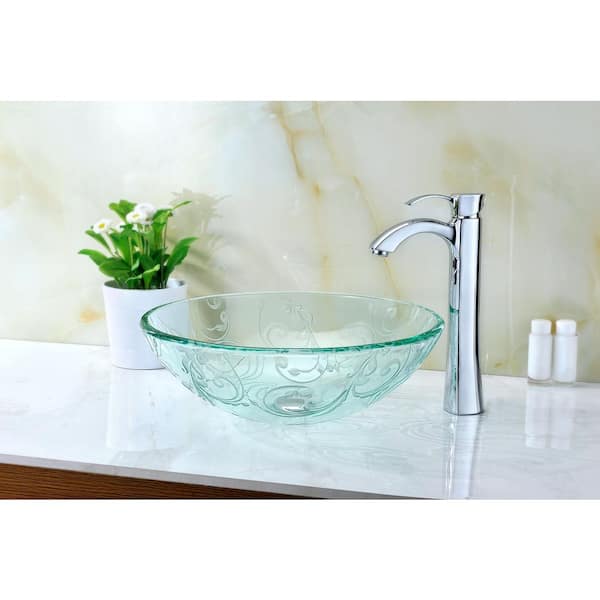 Vieno Series 17 in. Bathroom Vessel Sink with Scratch-Tough and Stain-Resistant Non-Porous Surface in Clear Floral Glass