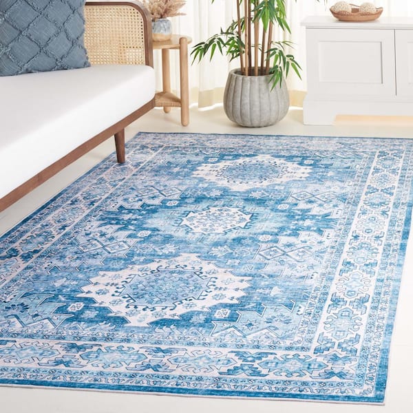 Arizona Light Blue/Blue 3 ft. x 5 ft. Distressed Border Ornate Machine Washable Area Rug