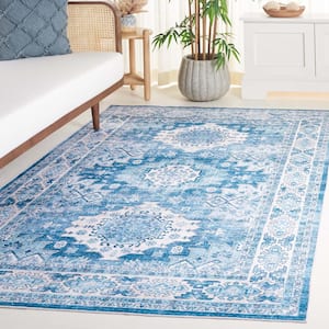 Arizona Light Blue/Blue 5 ft. x 8 ft. Distressed Border Ornate Machine Washable Area Rug