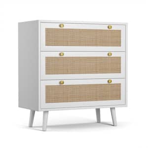 3-Drawer White Chest of Drawers with Pine Wood Legs Farmhouse Rattan Dresser 31.5 in. W x 36 in. H x 15.7 in. D