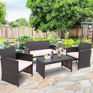 4-Pieces Rattan Patio Conversation Set Outdoor Furniture Set with White Cushions