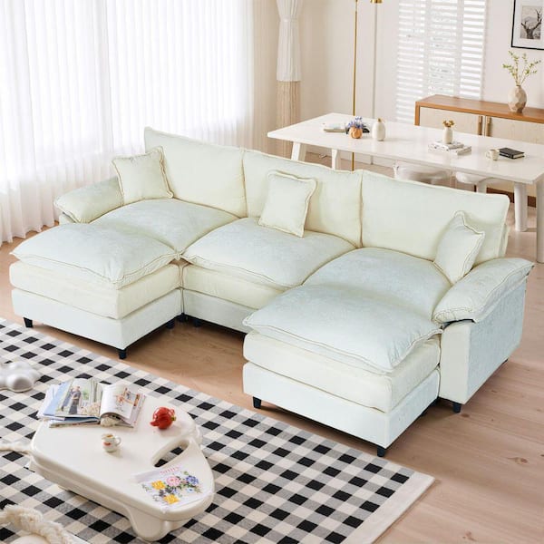 Modern Oversized 121.7 in. Pillows Armrests U-Shape Chenille Modular Sectional Sofa with 2 Ottomans in. Beige