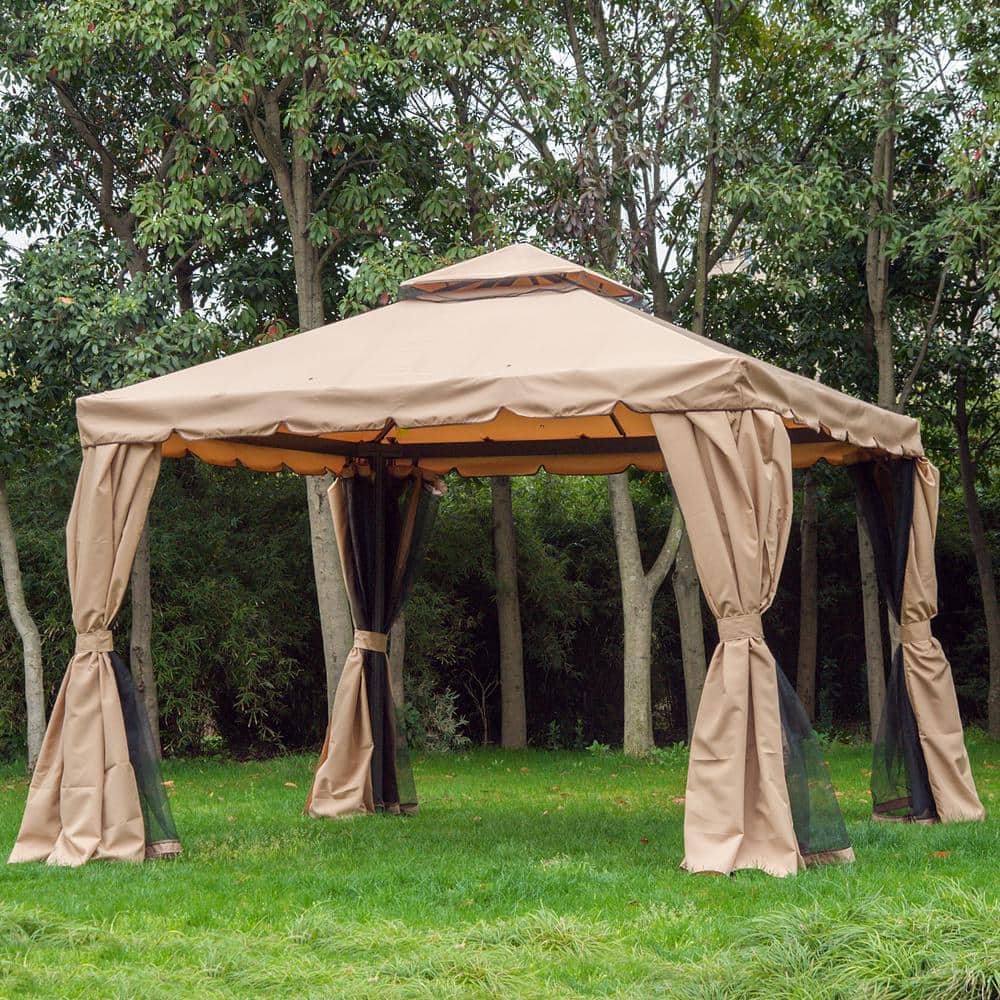 Khaki Aluminum Frame 10' x 10' Patio Gazebo with Mesh Curtains