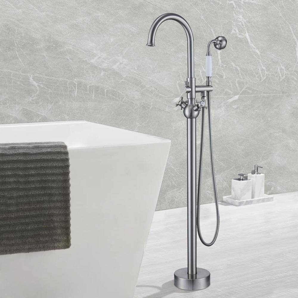 Brushed Nickel Freestanding Tub Filler with Handheld Shower