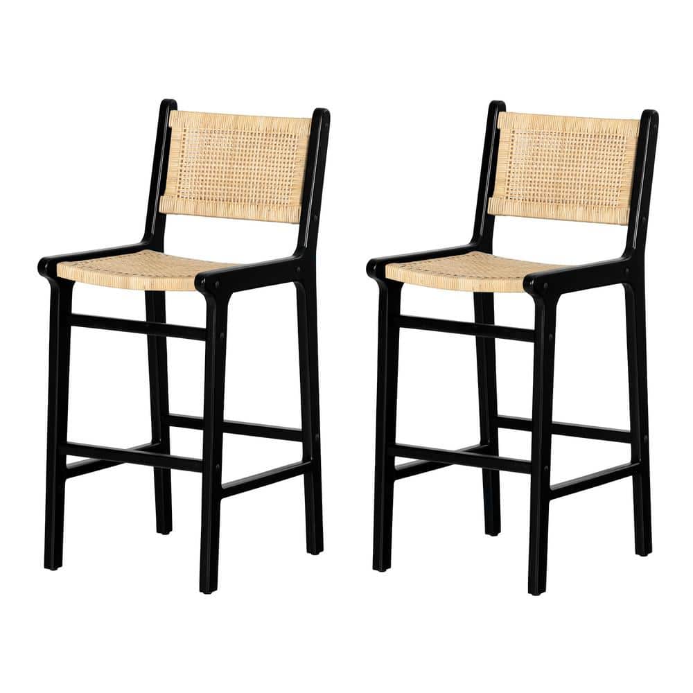 Balka 29" Rattan and Black Wood Boho-Chic Bar Stools, Set of 2