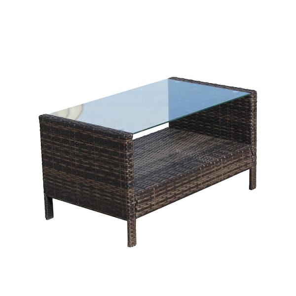 Unbranded Wicker Outdoor Coffee Table with Clear Tempered Glass for Backyard, Garden