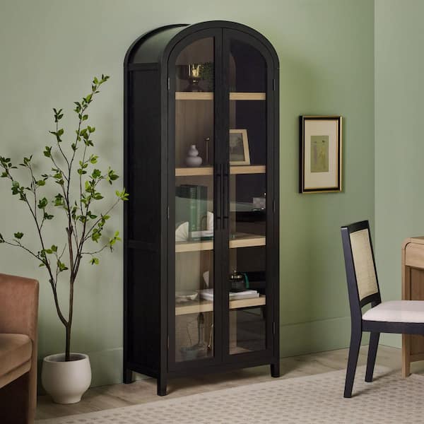 Arched 76 in. Tall Black Wood 5-Shelf Bookcase with Full-Length Glass Doors