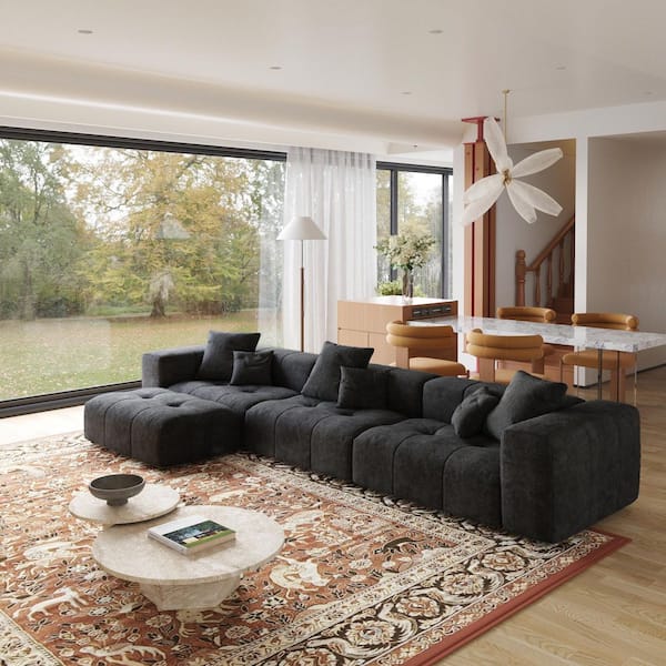 4-Piece Black Linen 144 in. W Sectional Sofa Oversized Modular Free Combination Living Room Set with Ottoman