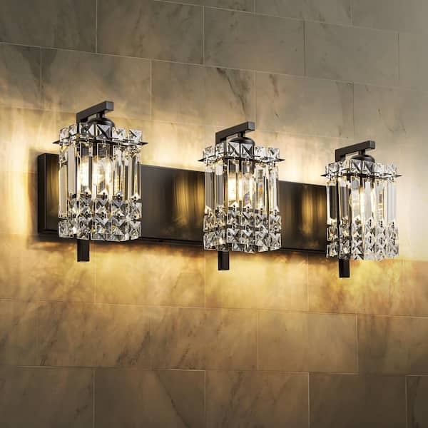 Charlotte 25.6 in. 3-Light Modern Black Bathroom Vanity-Light with Square Crystal Shades