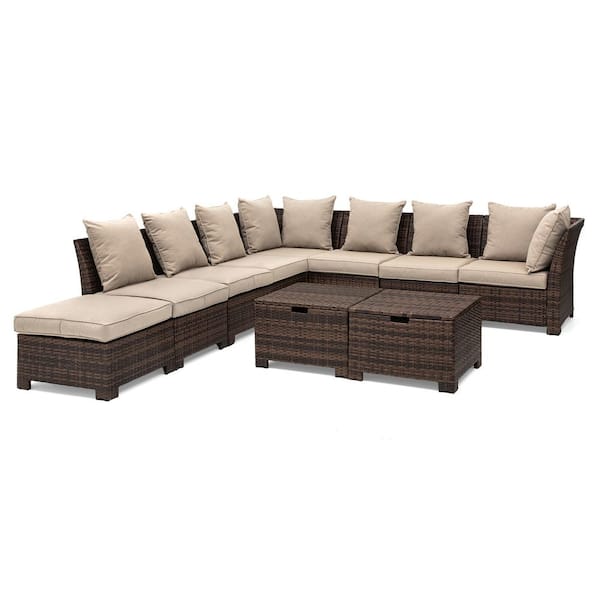 Glitzhome 10-Piece Outdoor All-Weather Wicker Sectional Patio Conversation Set with Brown Cushions