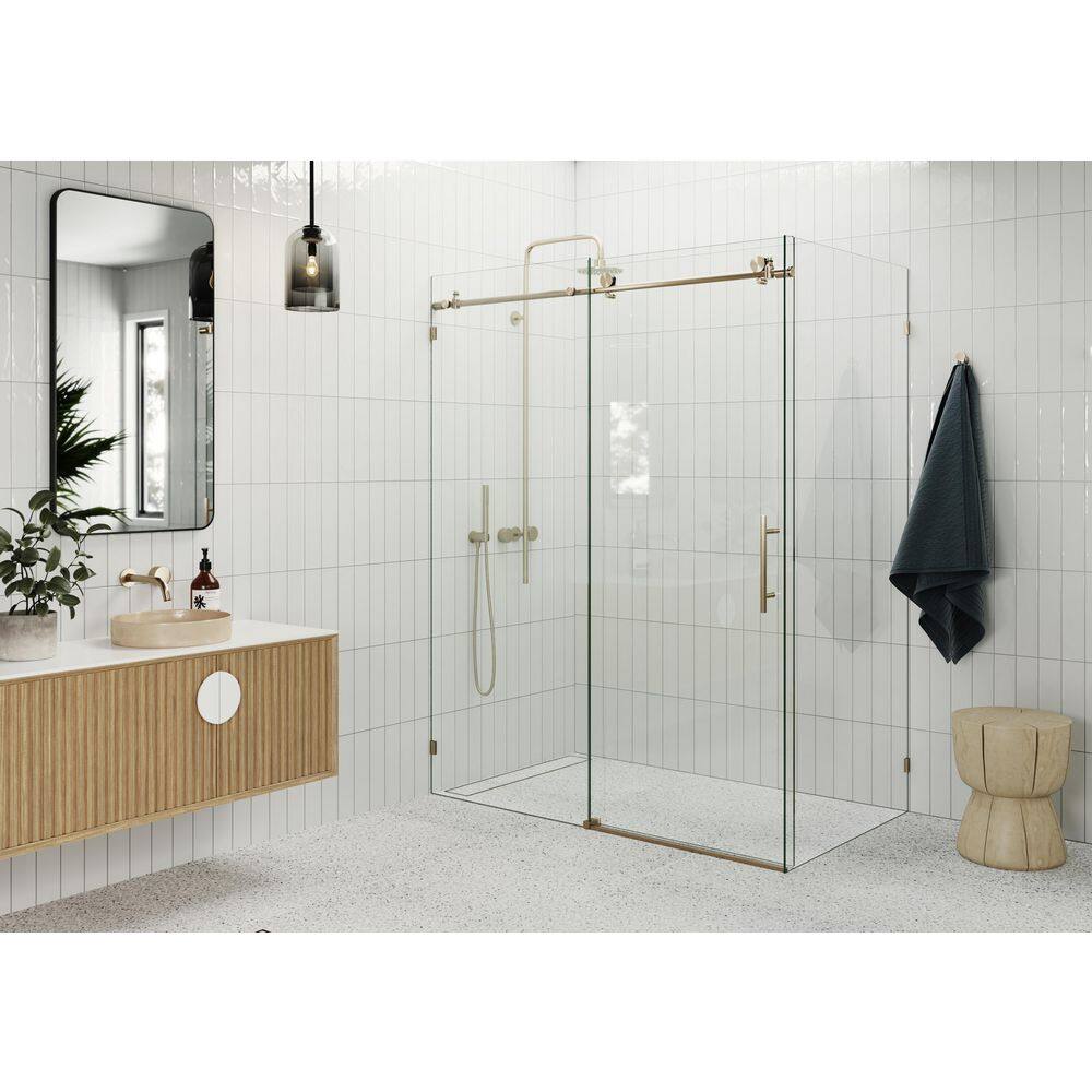 Nova 60 in. W x 78 in. H Rectangular Sliding Frameless Corner Shower Enclosure in Brushed Bronze with Clear Glass price history on PriceWatchPro
