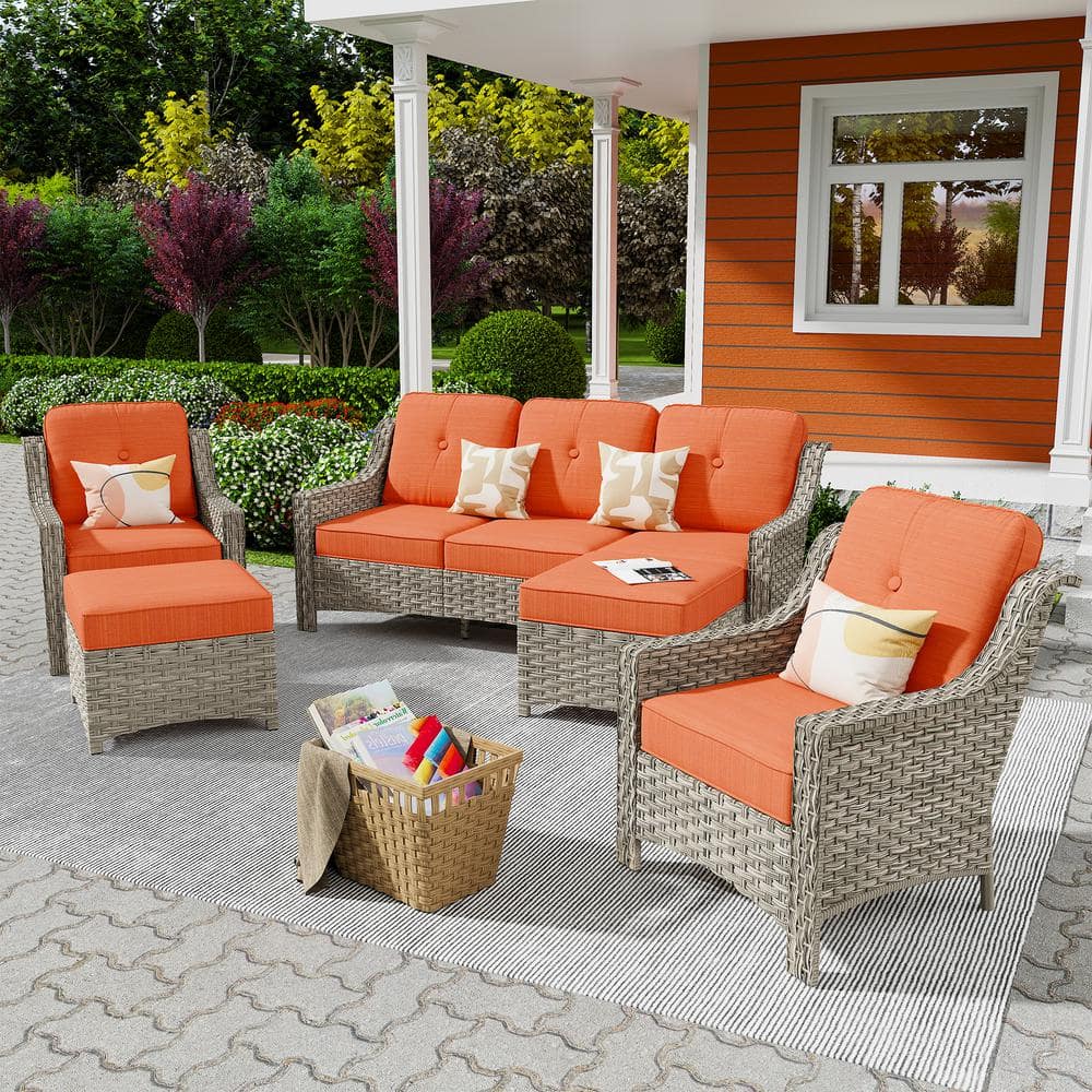 Freddie 5-Piece Wicker Outdoor Patio Conversation Seating Sofa Set with Orange Red Cushions price history on PriceWatchPro