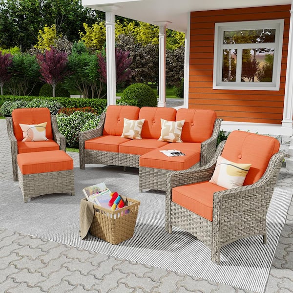 XIZZI Freddie 5-Piece Wicker Outdoor Patio Conversation Seating Sofa Set with Orange Red Cushions