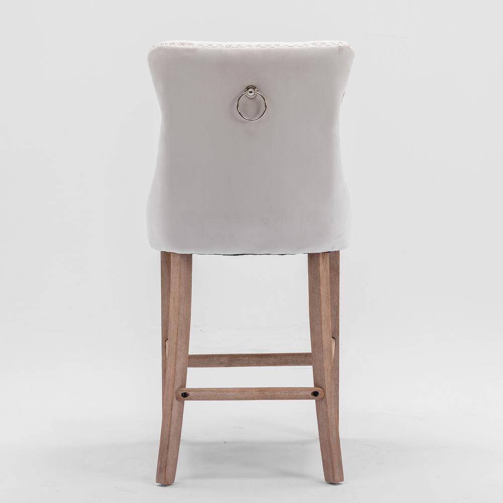 Beige Velvet Upholstered Bar Stools with Natural Wood Legs, Set of 2