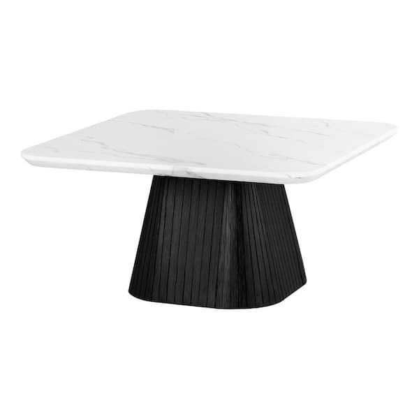 Jones 36 in. Black Square Faux Marble Top Coffee Table with Soft Curved Edges and Reeded Drum Base