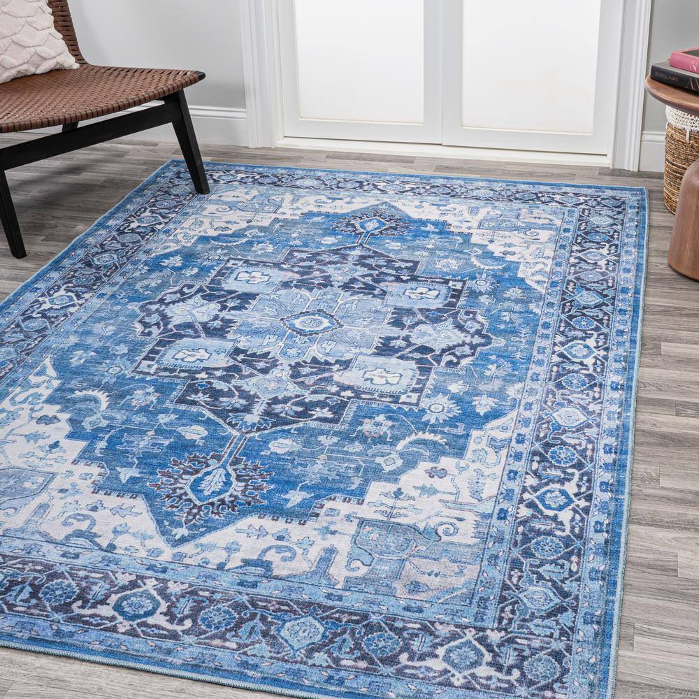 Blue and Navy Medallion Washable Synthetic 4' x 6' Area Rug