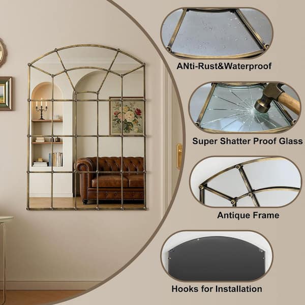 34 in. W x 47 in. H Arched Antique Bronze Metal Framed Windowpane Design Wall Mounted Bathroom Vanity Mirror